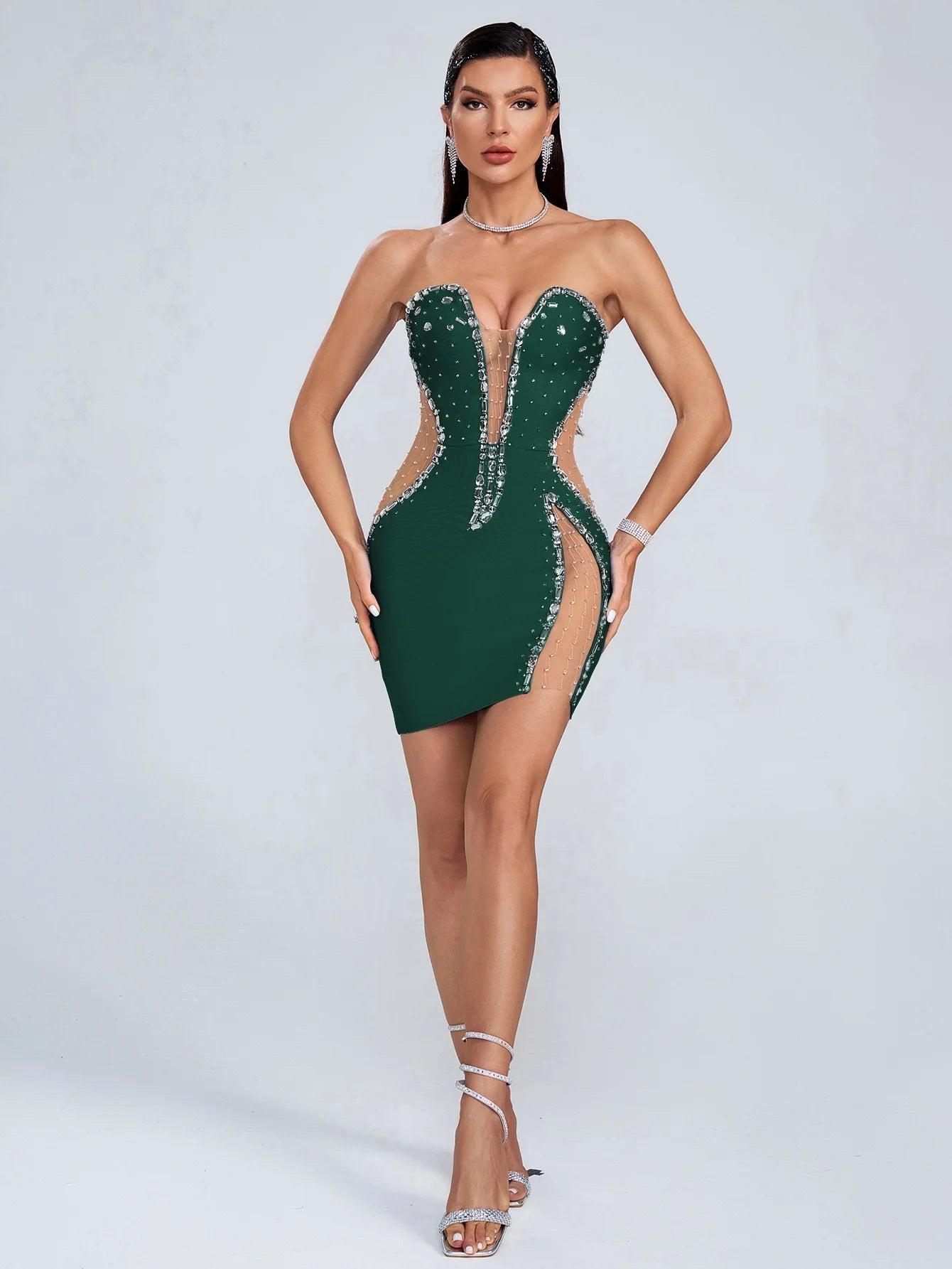 Midnight Crystal Illusion Strapless Mini Dress