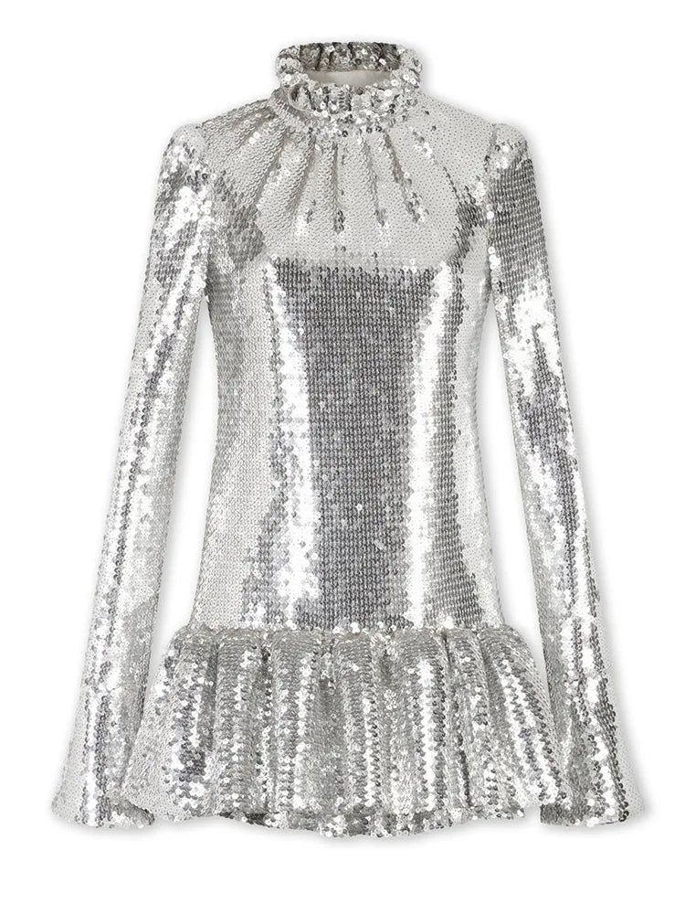 Silver Sequin Long Sleeve Flared Mini Dress