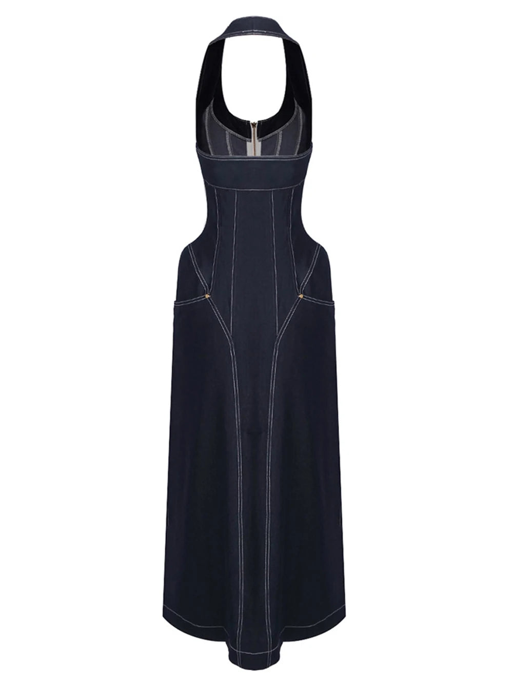 Dark Denim Halter Maxi Dress | Zipper Front Bodycon, Pockets