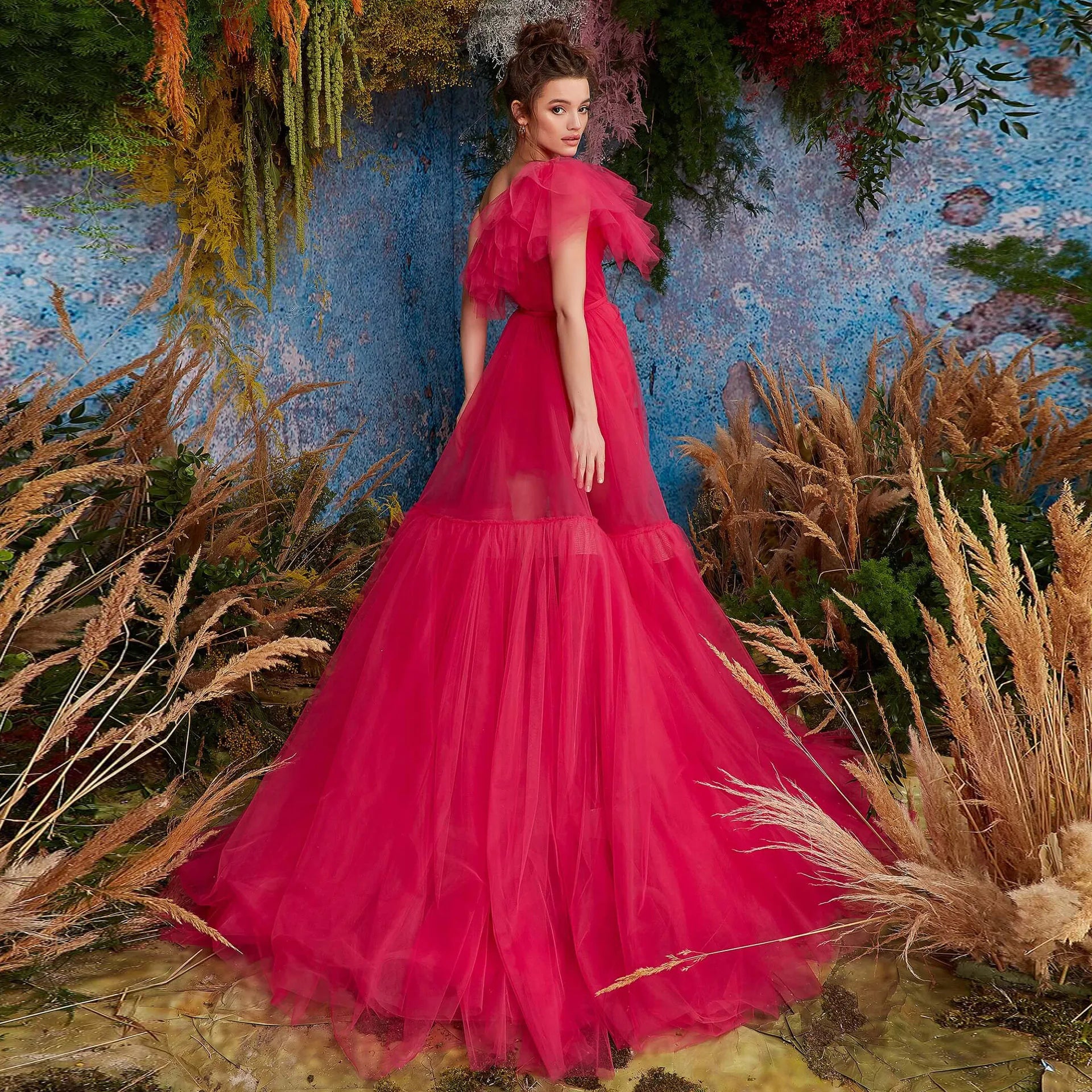 One-Shoulder Ruffled High-Low Tulle Dress