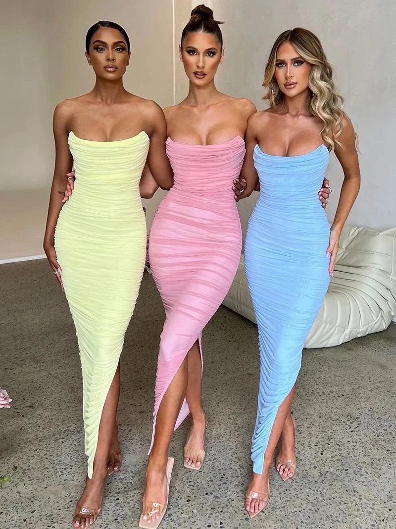 Ruched Strapless Bodycon Midi Dress