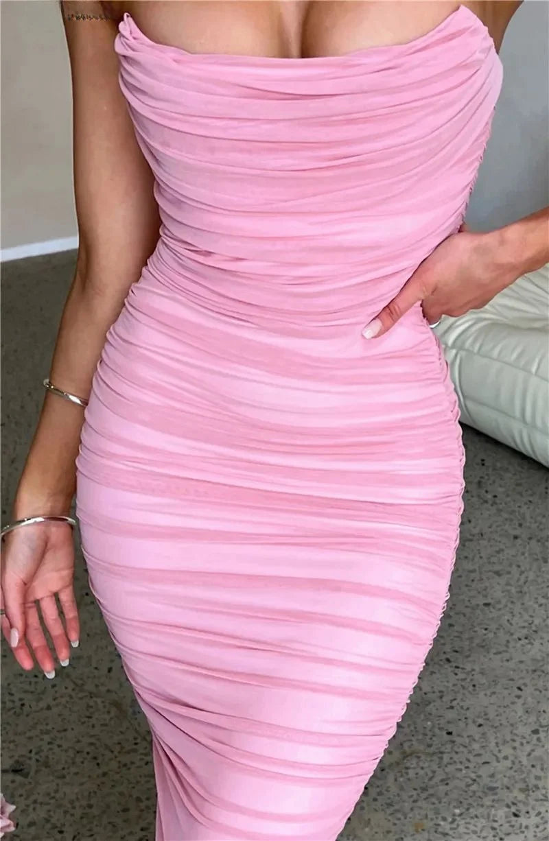 Ruched Strapless Bodycon Midi Dress