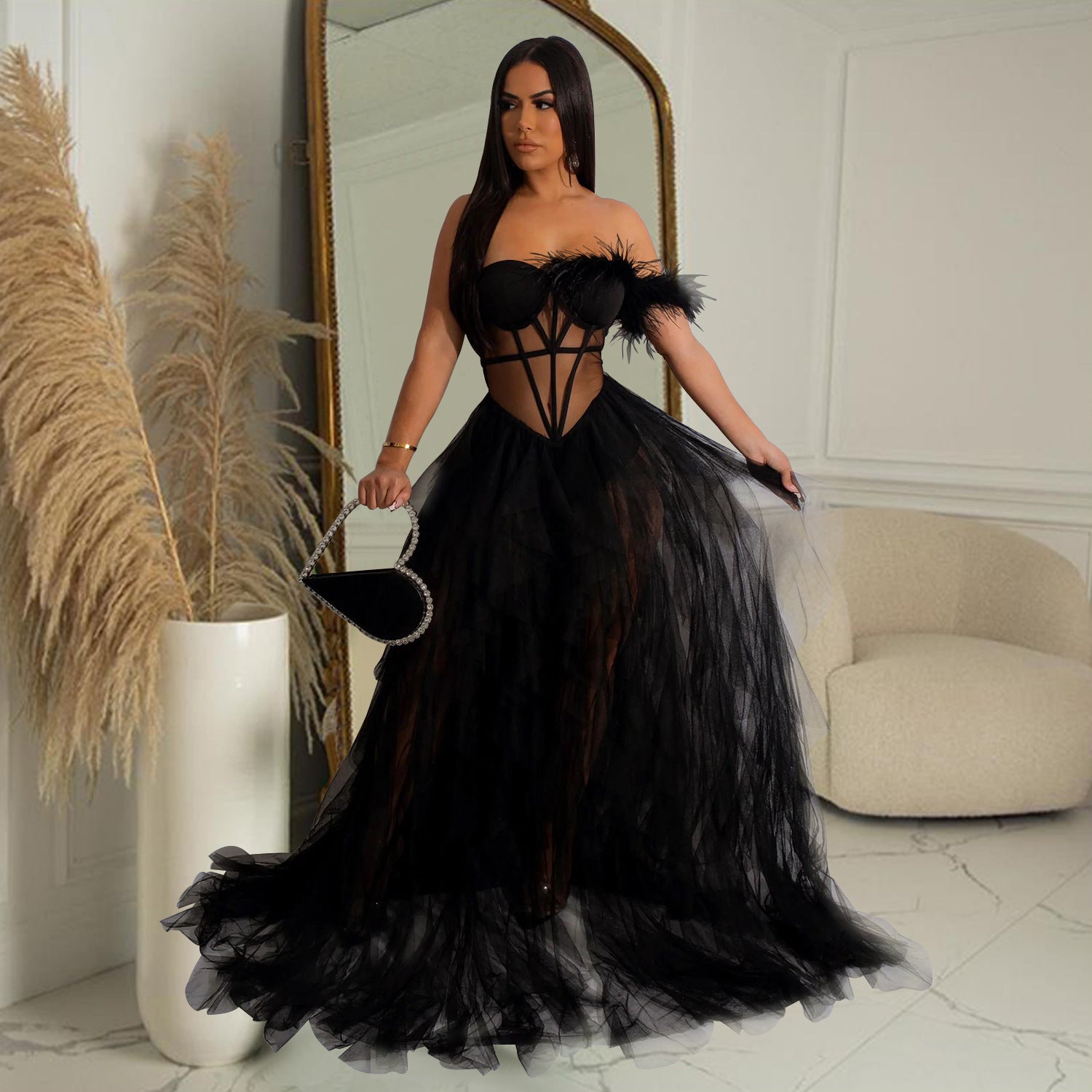 Feather Corset Tulle Gown