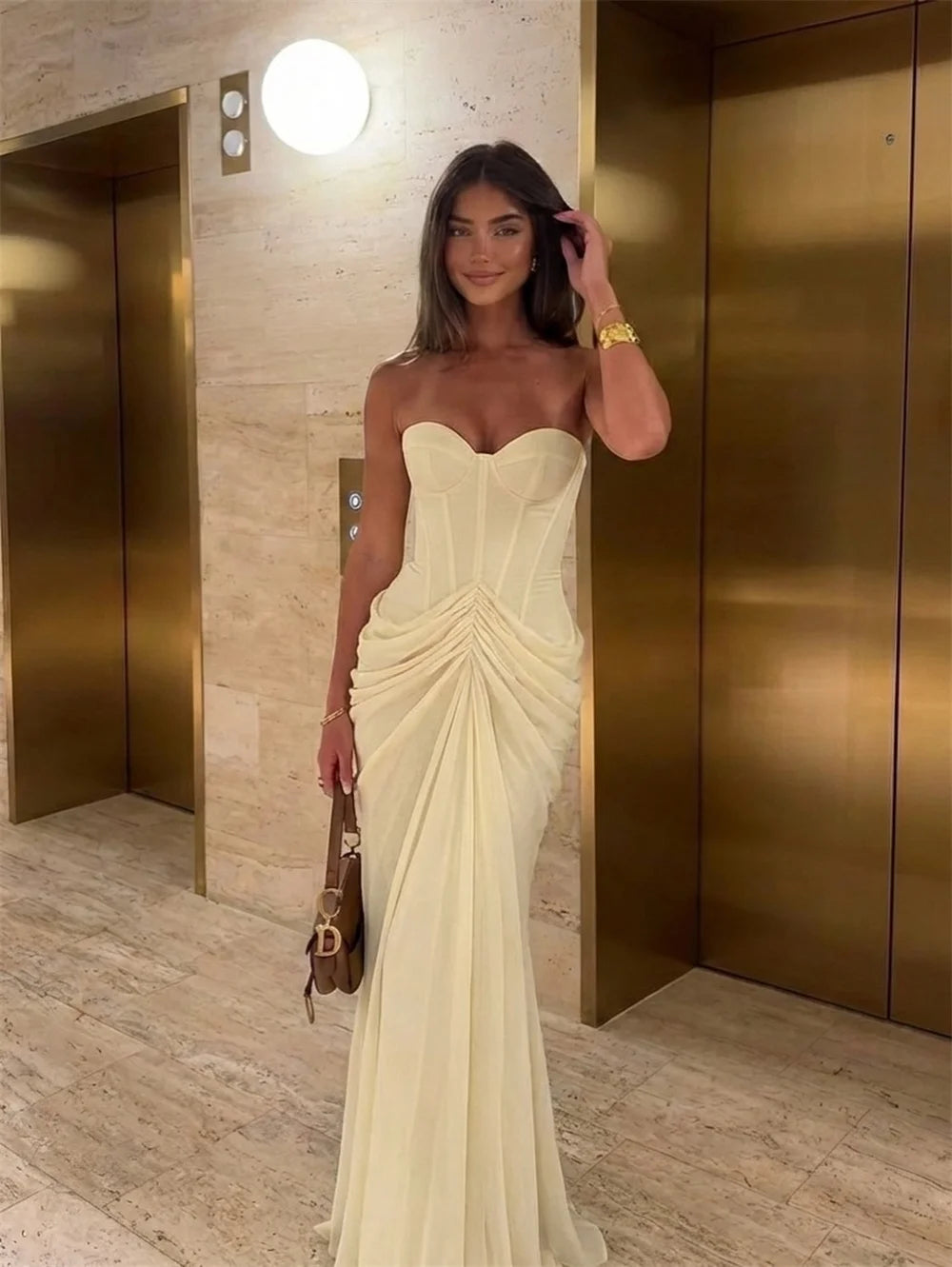 Strapless Corset Draped Mesh Maxi Dress
