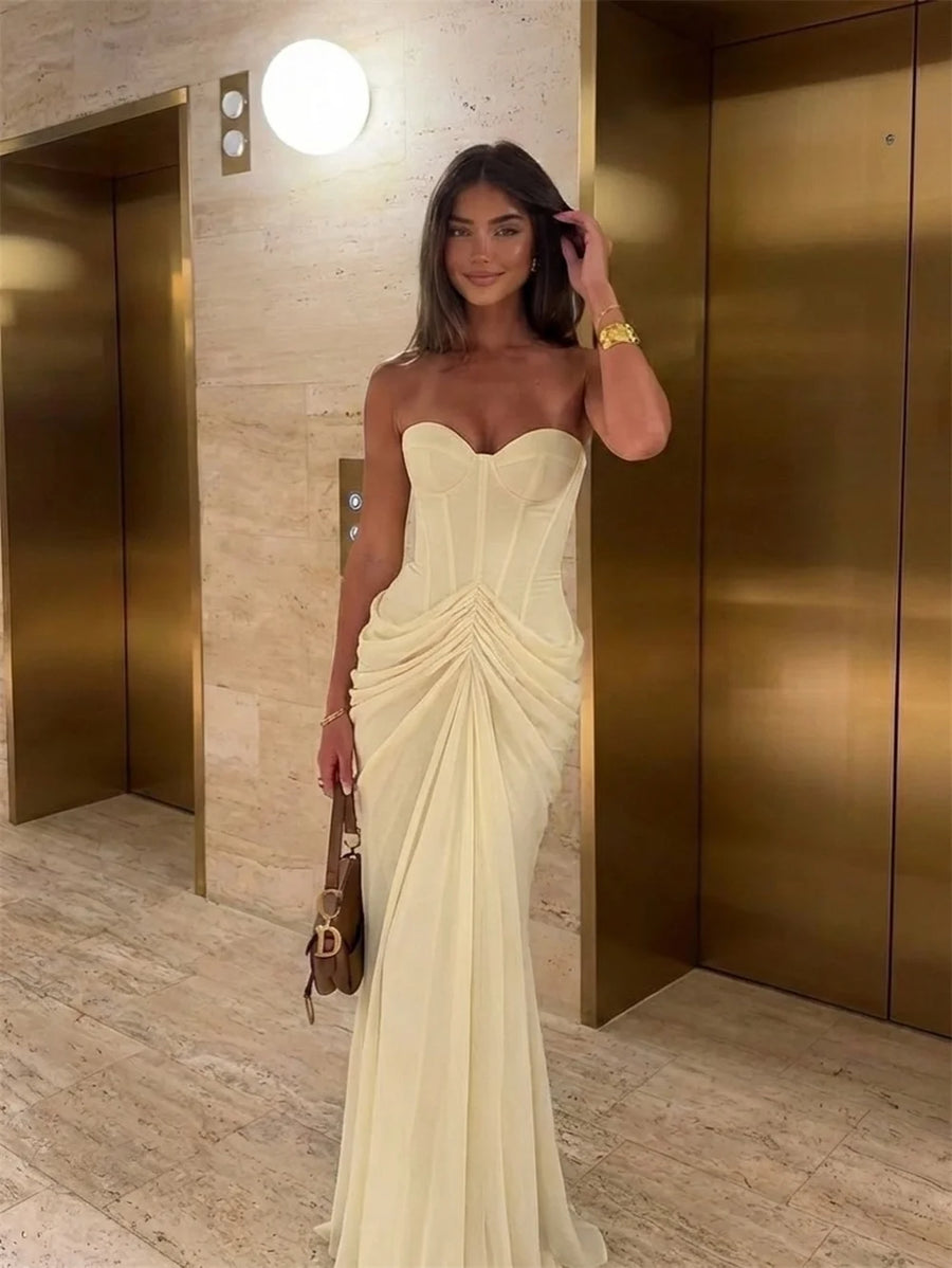 Strapless Corset Draped Mesh Maxi Dress