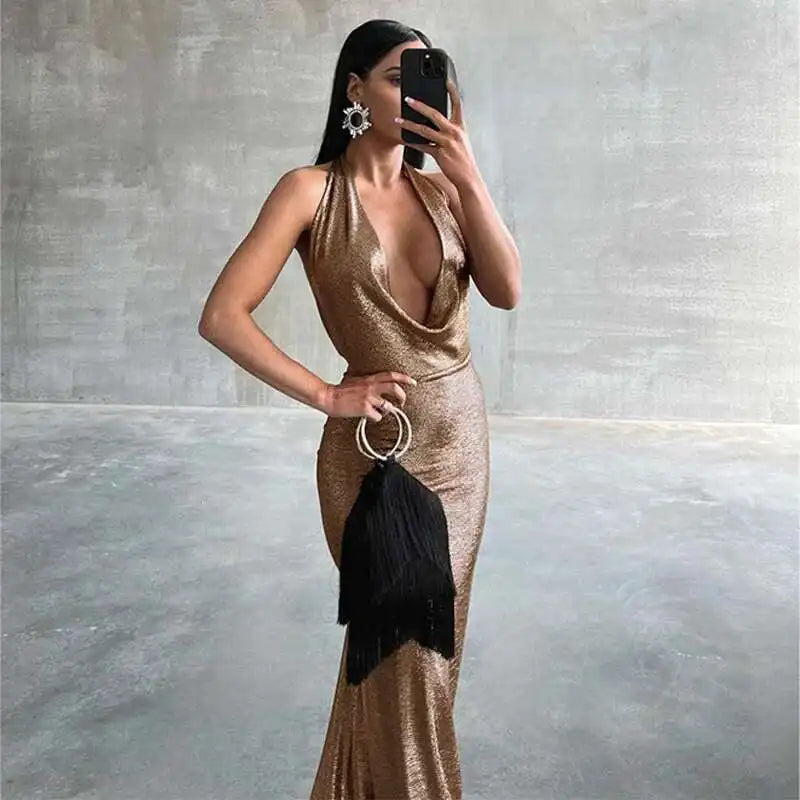 Metallic Halter Backless Maxi Dress