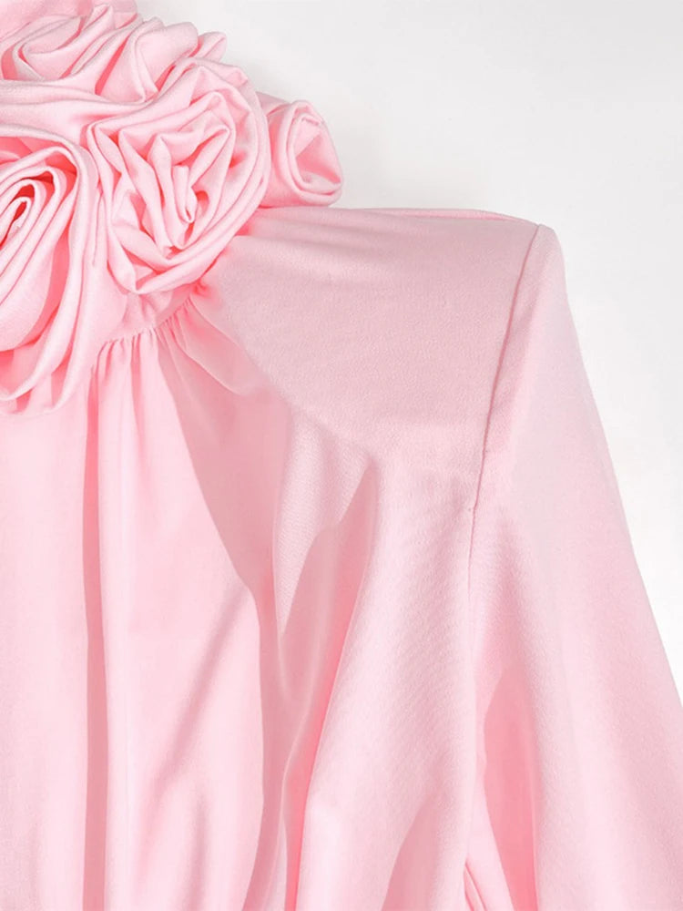 Elegant Pink High-Neck Maxi Dress with Floral Detail