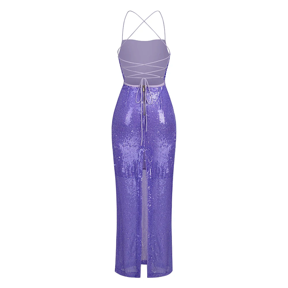 Purple Sequin Lace-Up Back Maxi Dress