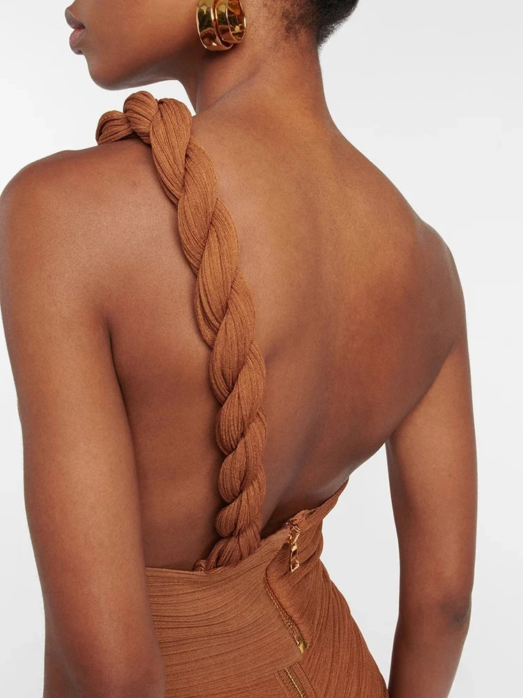 Rust One Shoulder Maxi Dress | Braided Draped Gown with Side Cutout MYLINE