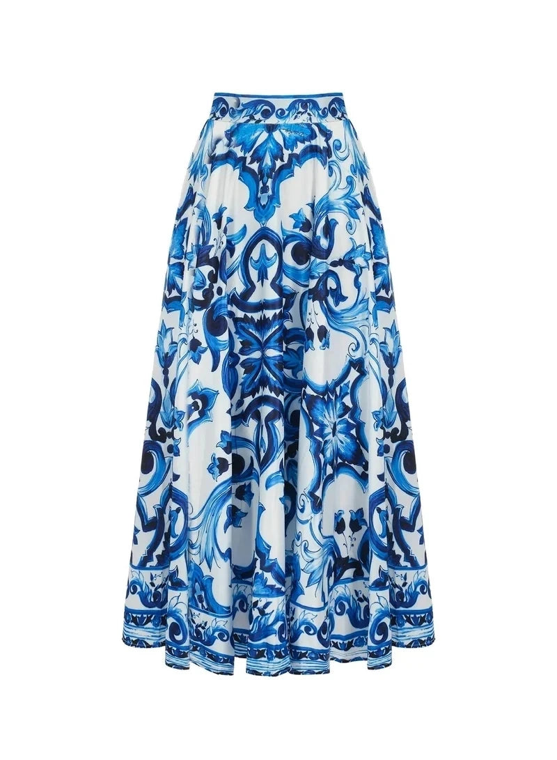 Blue Porcelain Print Two-Piece Skirt Set