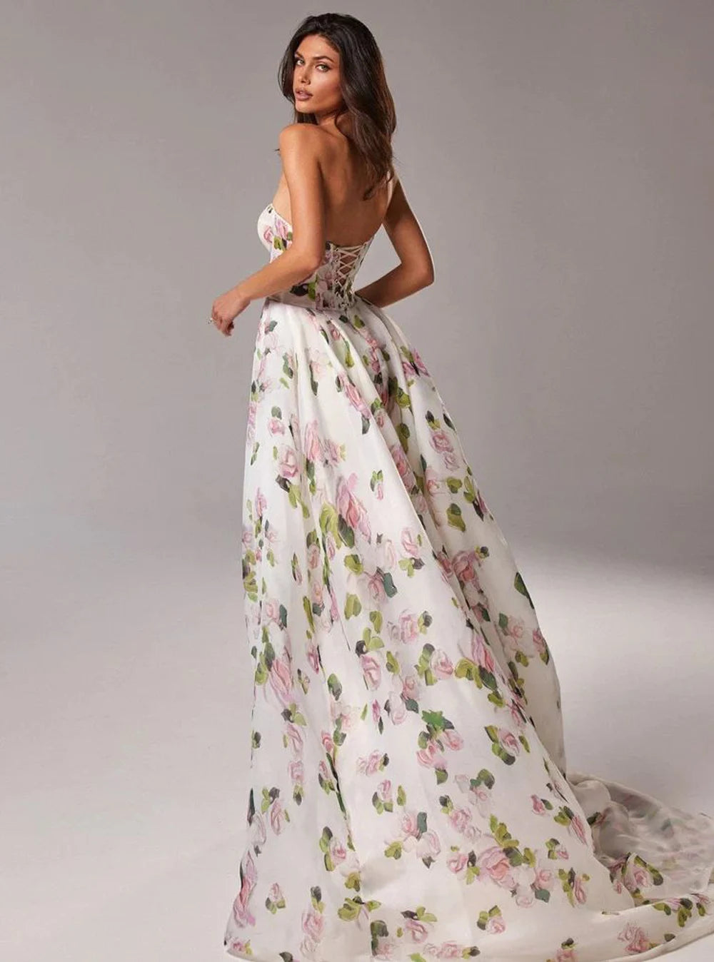 Strapless Floral Corset Gown