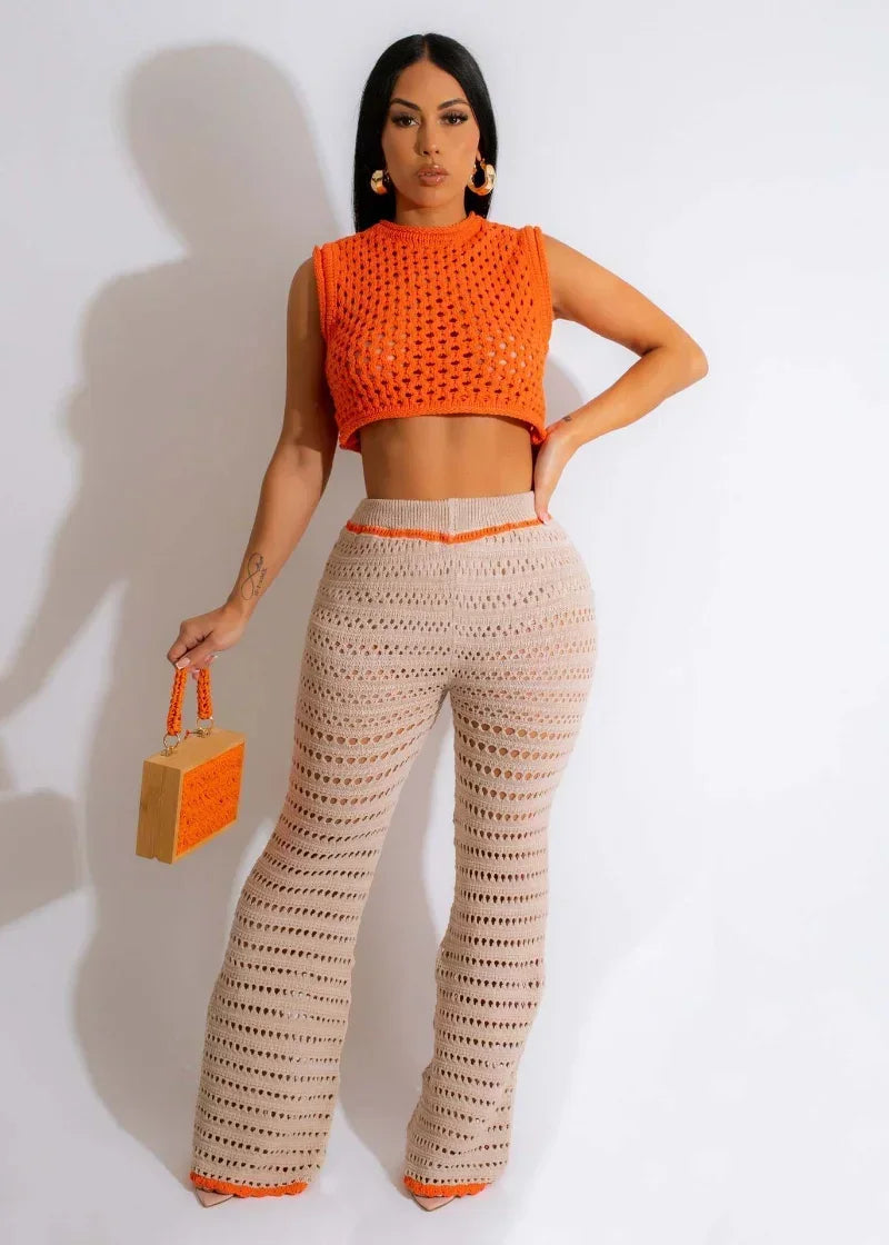 Crochet Crop Top & Flare Pants Set