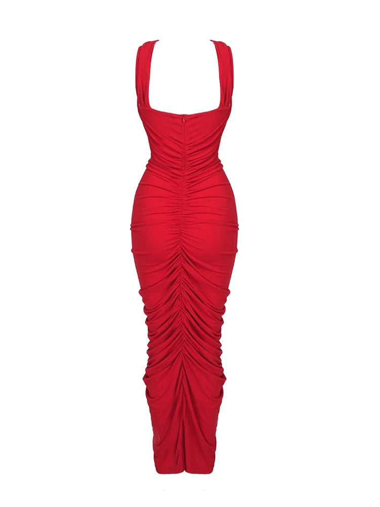 Red Ruched Cut-Out Halter Maxi Dress