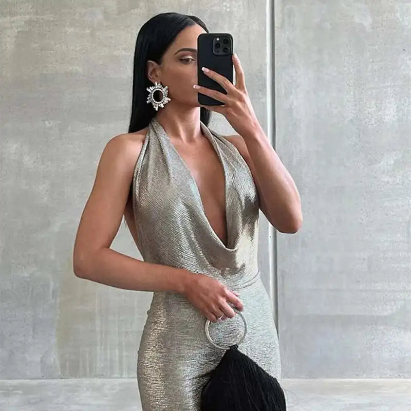 Metallic Halter Backless Maxi Dress