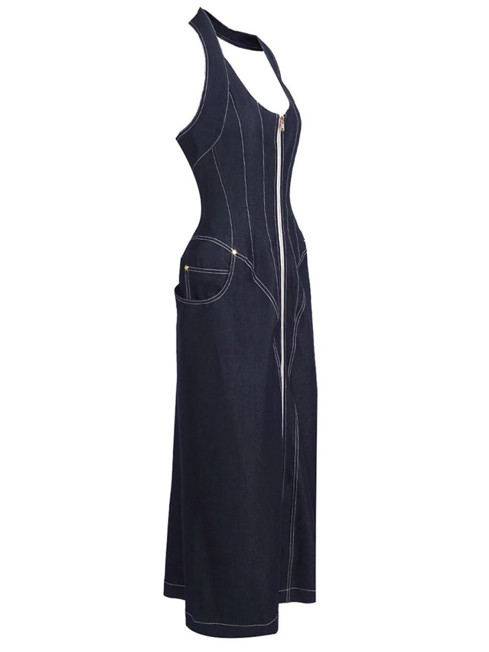 Dark Denim Halter Maxi Dress | Zipper Front Bodycon, Pockets