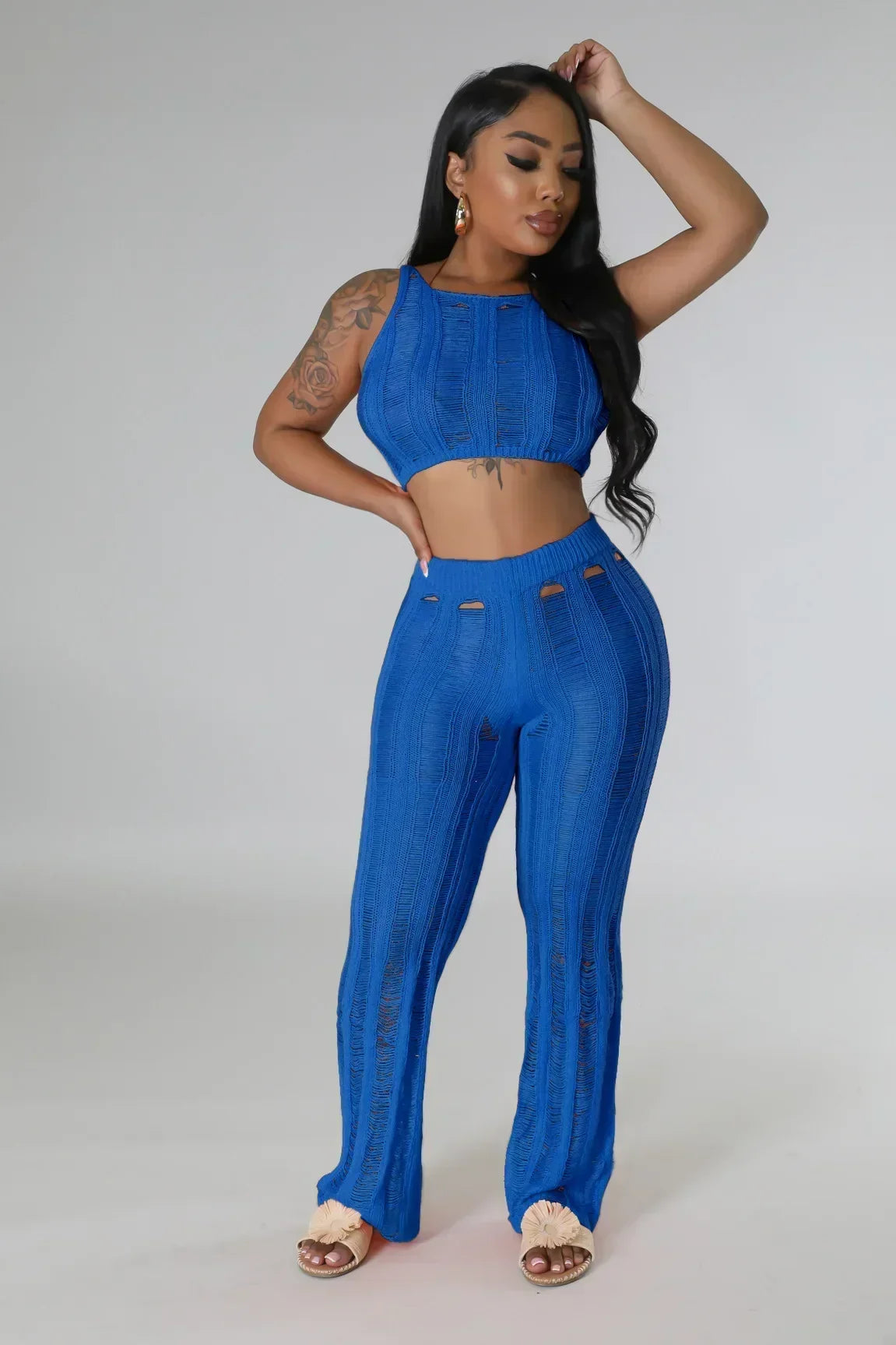 Ribbed Cut-Out Two-Piece Pant Set