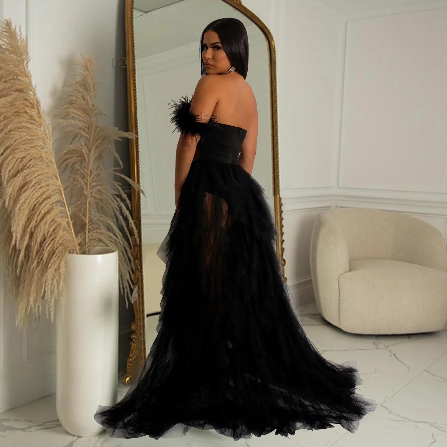 Feather Corset Tulle Gown