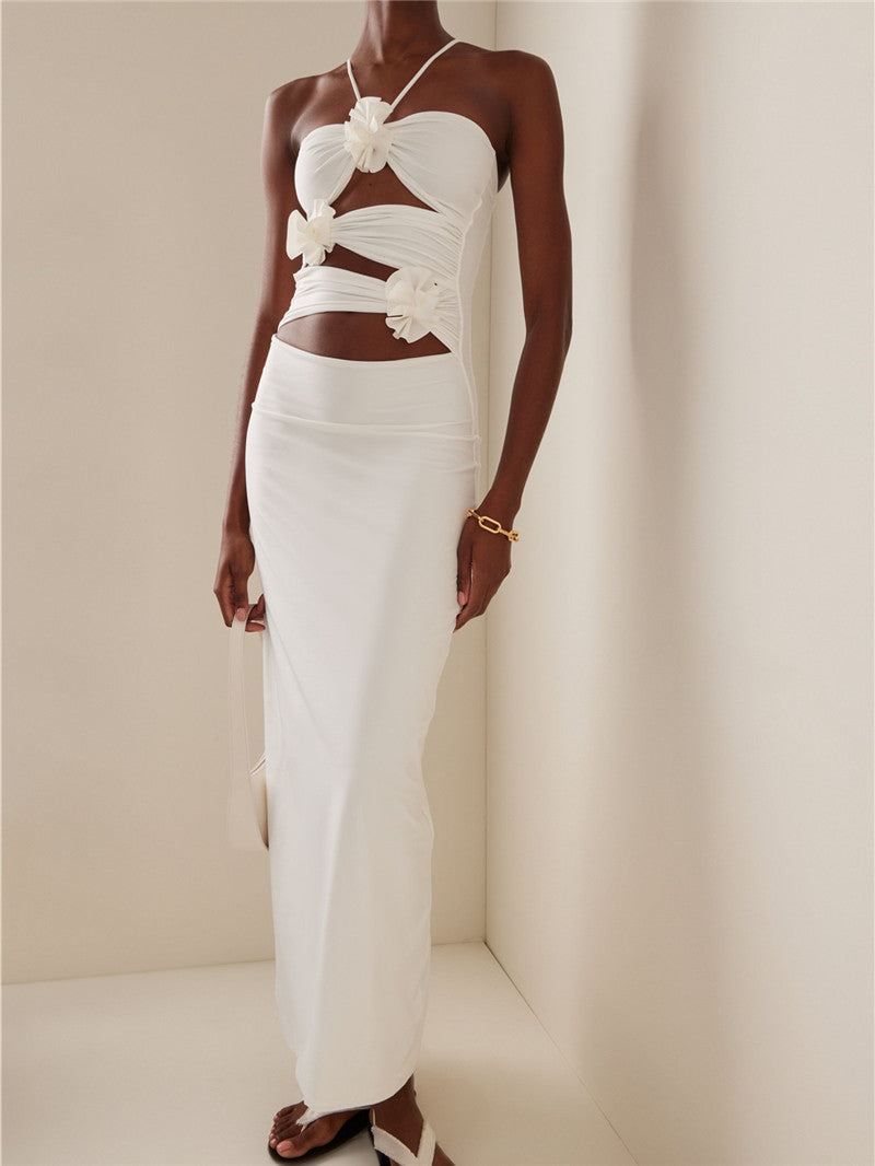White Floral Cut-Out Halter Maxi Dress