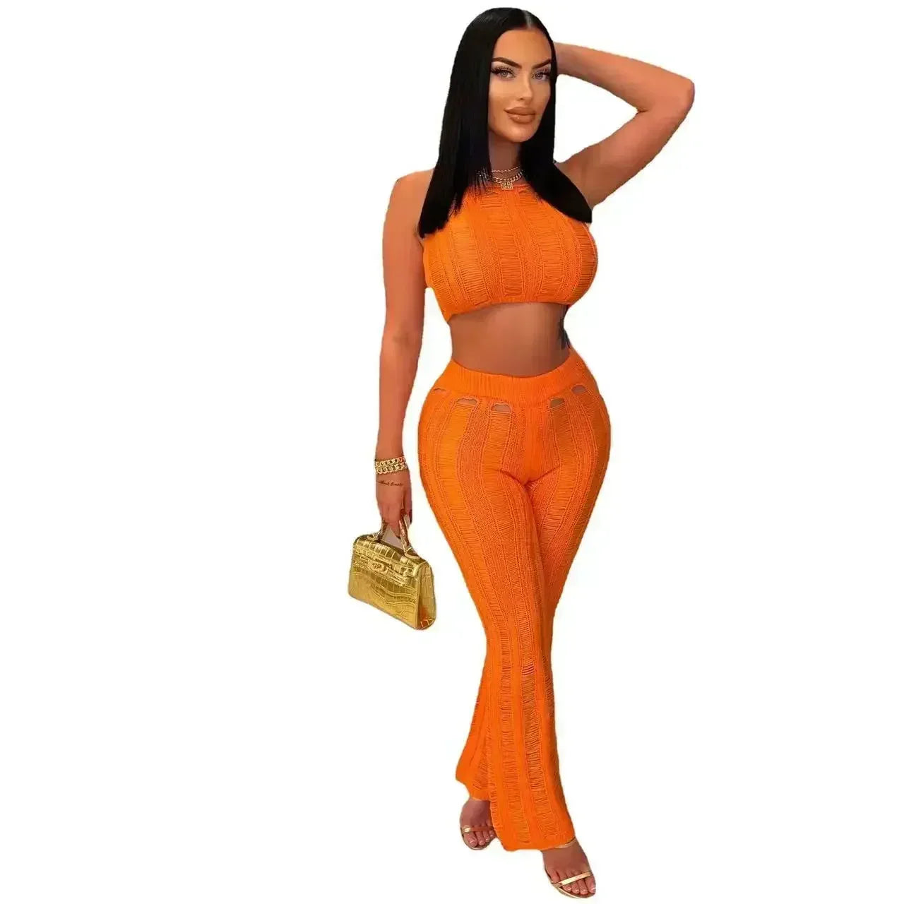 Ribbed Cut-Out Two-Piece Pant Set