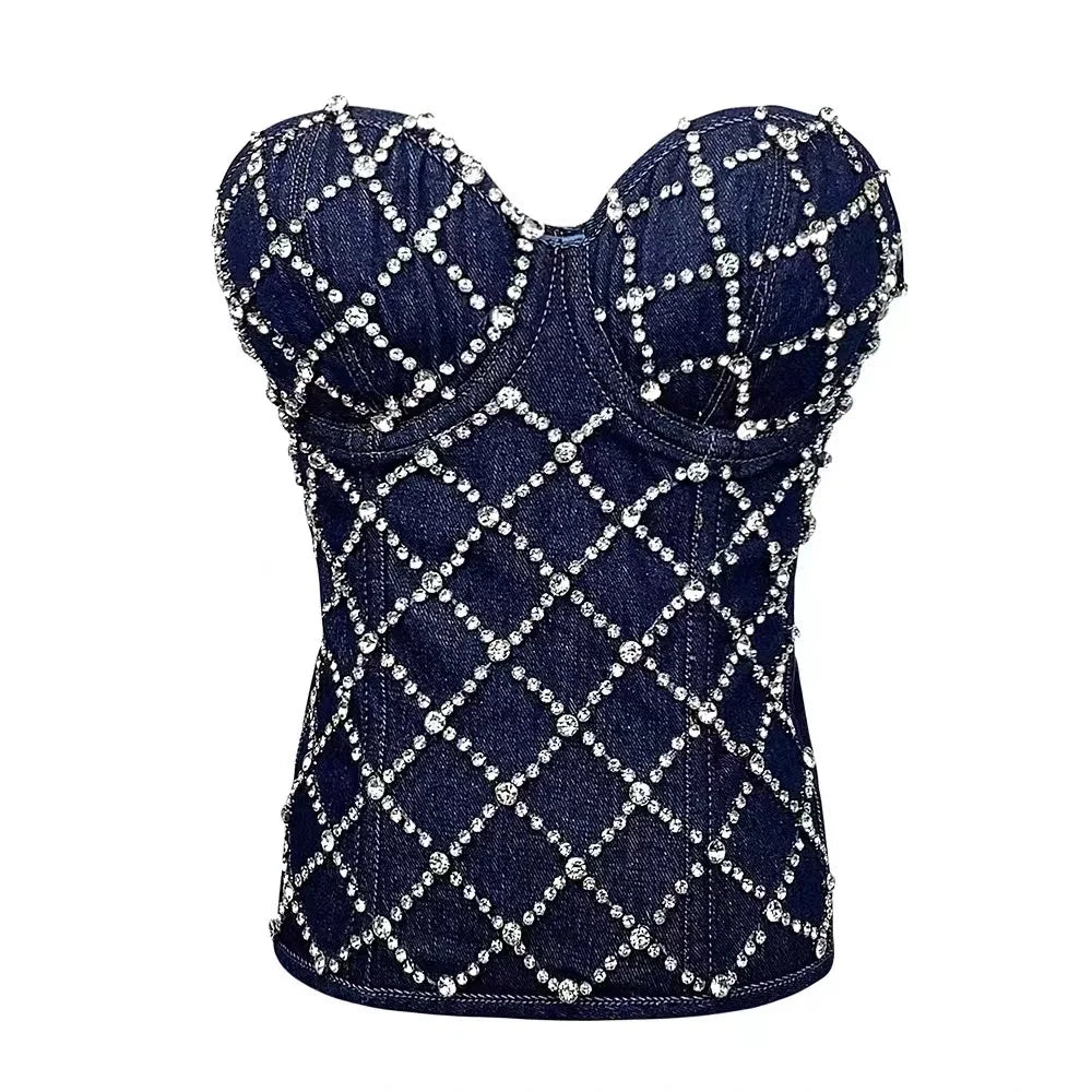 Denim Rhinestone Bustier Corset Top