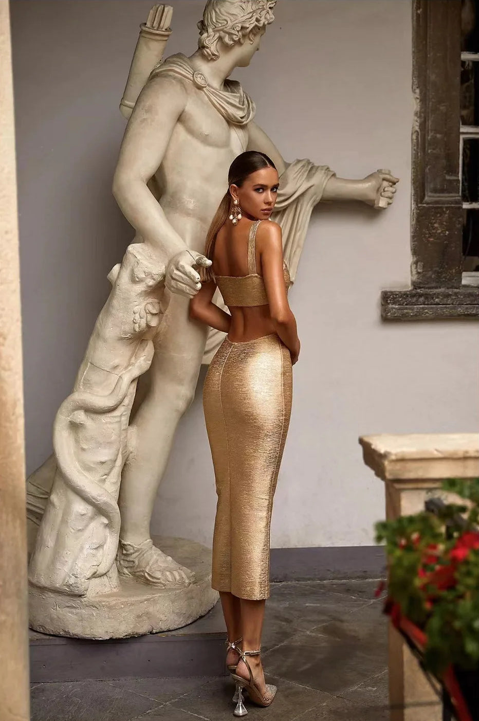 Gold Cut-Out Midi Dress