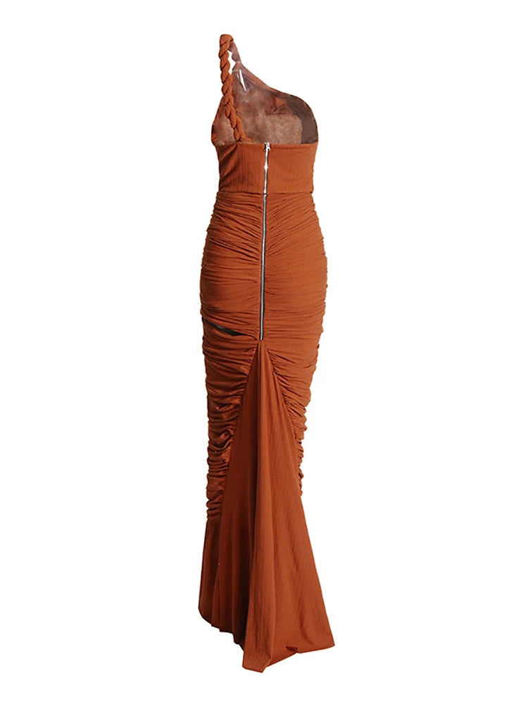 Rust One Shoulder Maxi Dress | Braided Draped Gown with Side Cutout MYLINE