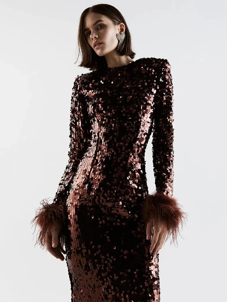 Sequin Feather Long Sleeve Midi Dress