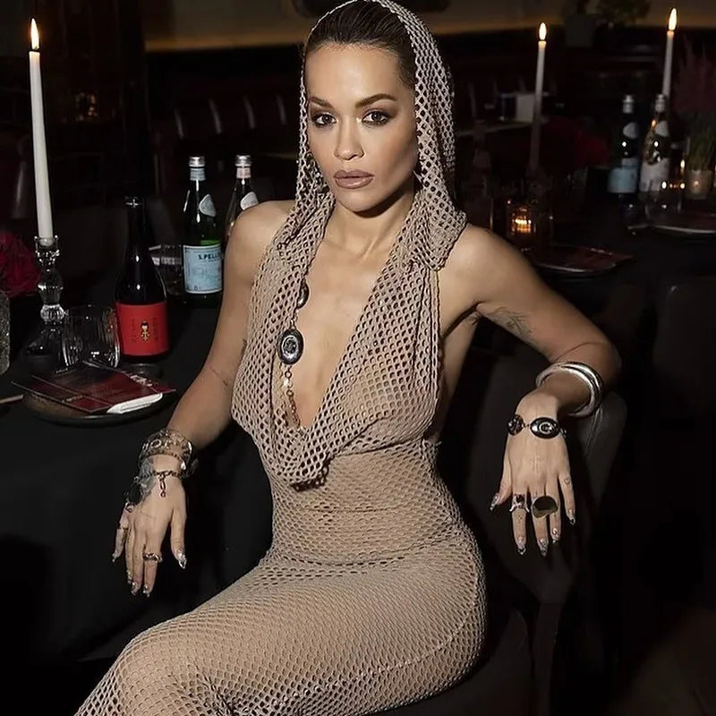 Beige Mesh Hooded Maxi Dress