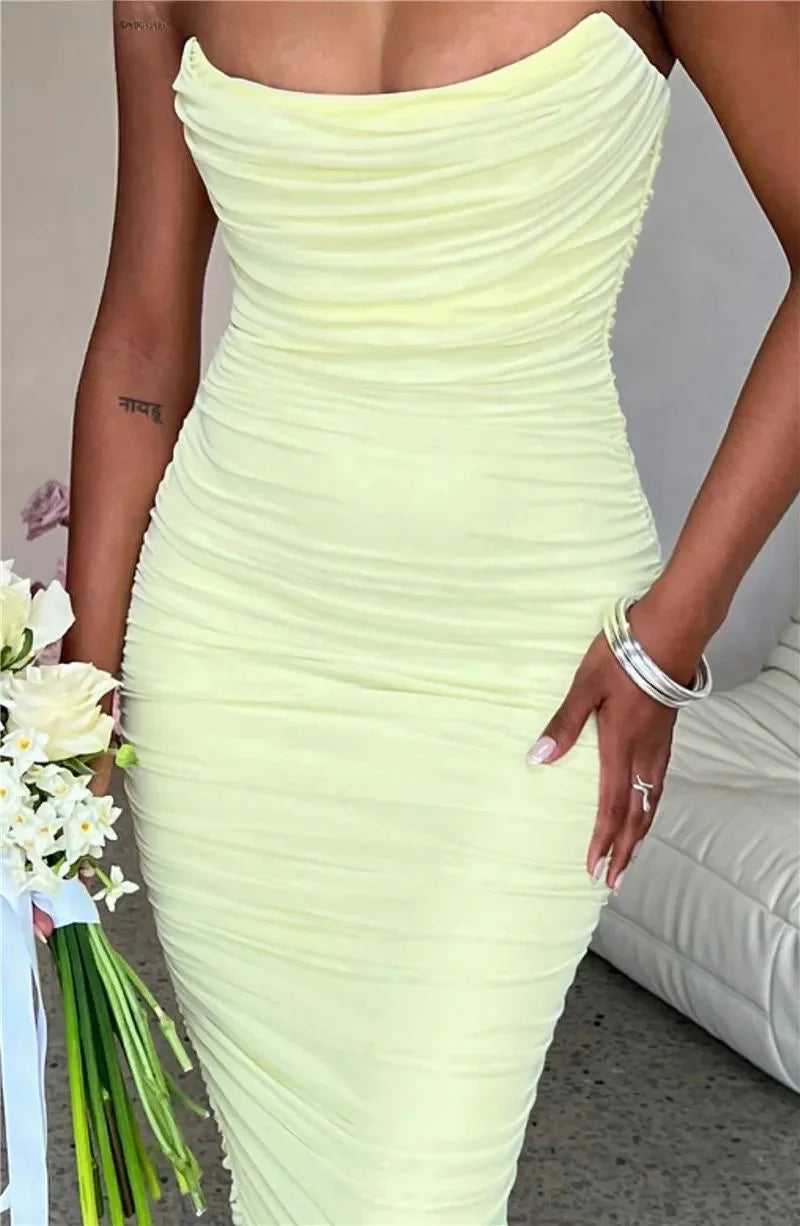 Ruched Strapless Bodycon Midi Dress