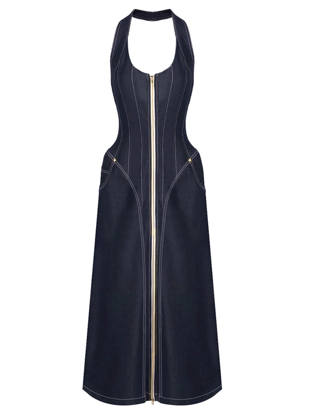 Dark Denim Halter Maxi Dress | Zipper Front Bodycon, Pockets