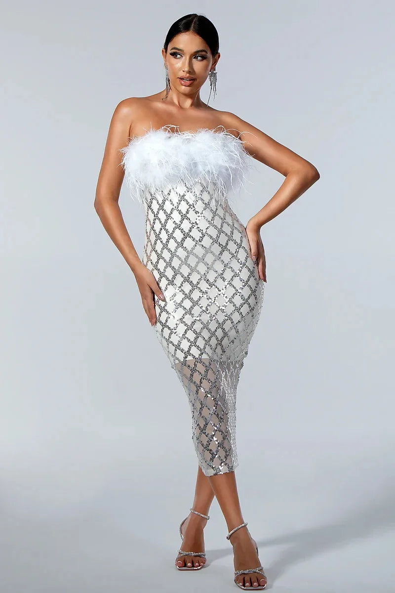 Feather Trim Sequin Midi Dress