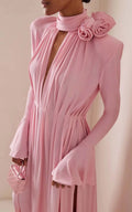 Elegant Pink High-Neck Maxi Dress with Floral Detail