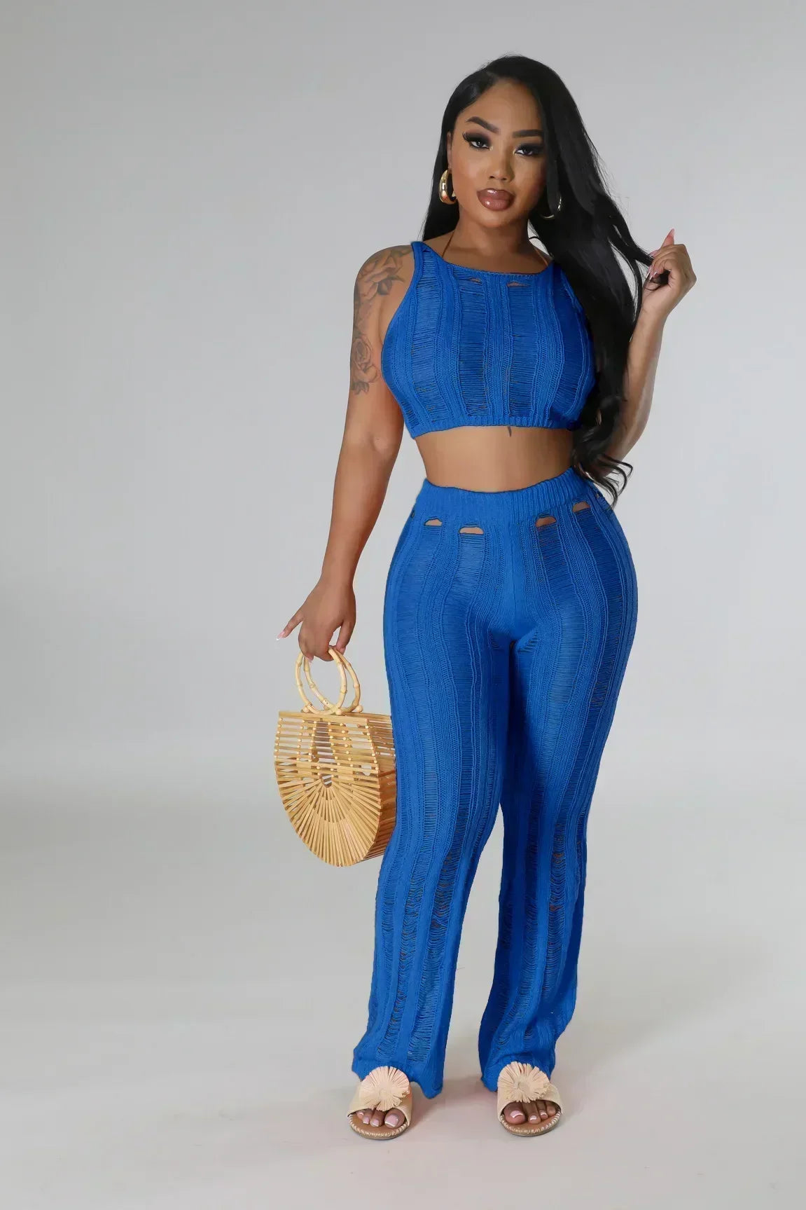 Ribbed Cut-Out Two-Piece Pant Set