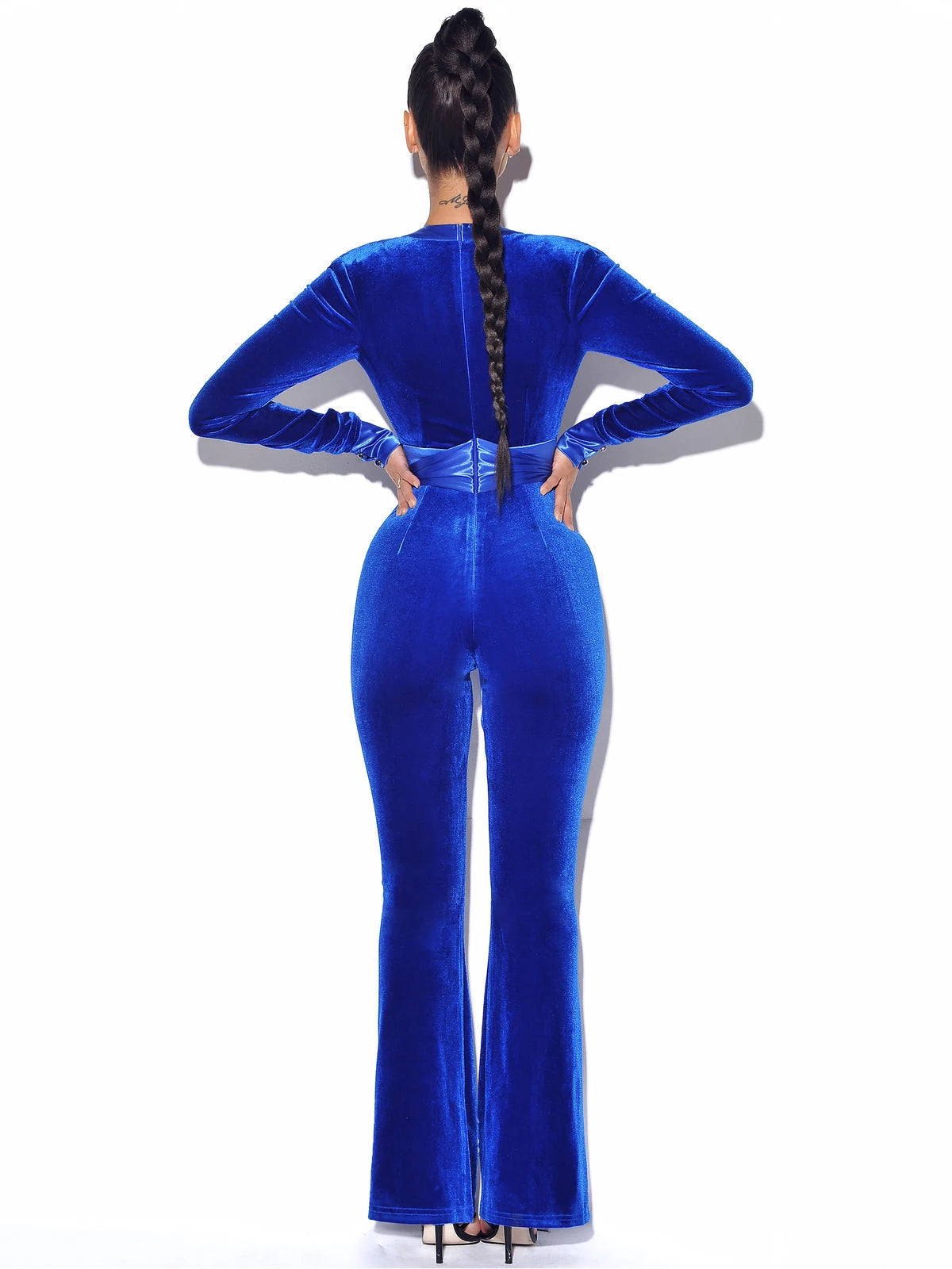Velvet Belted Deep-V Jumpsuit