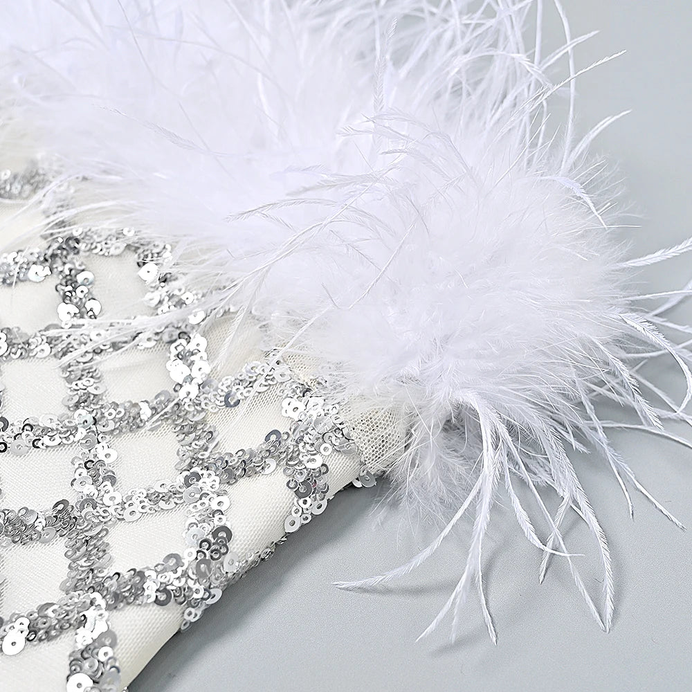 Feather Trim Sequin Midi Dress