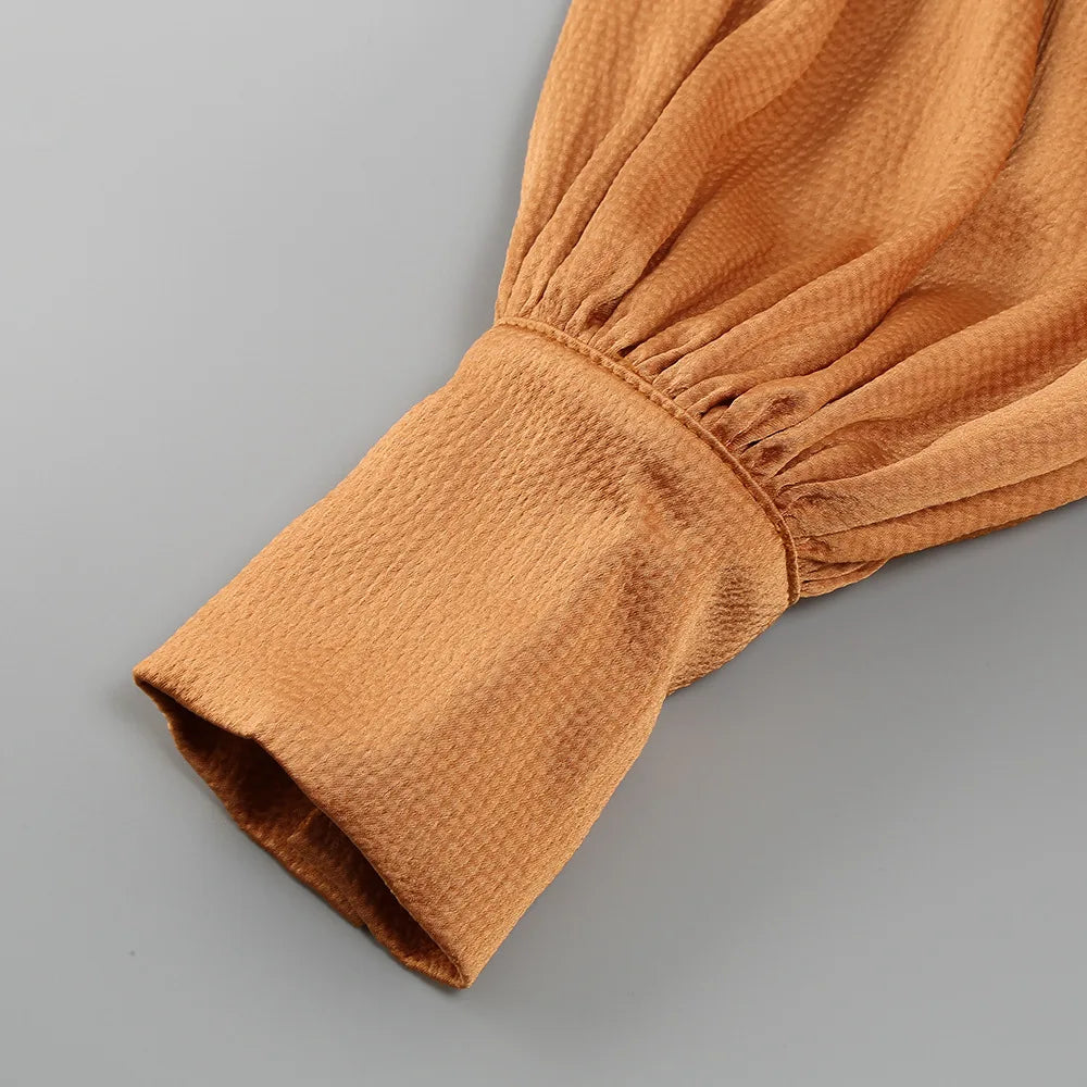 Rust Satin Maxi Dress | Deep V-Neck, Long Sleeve Evening Gown with Slit