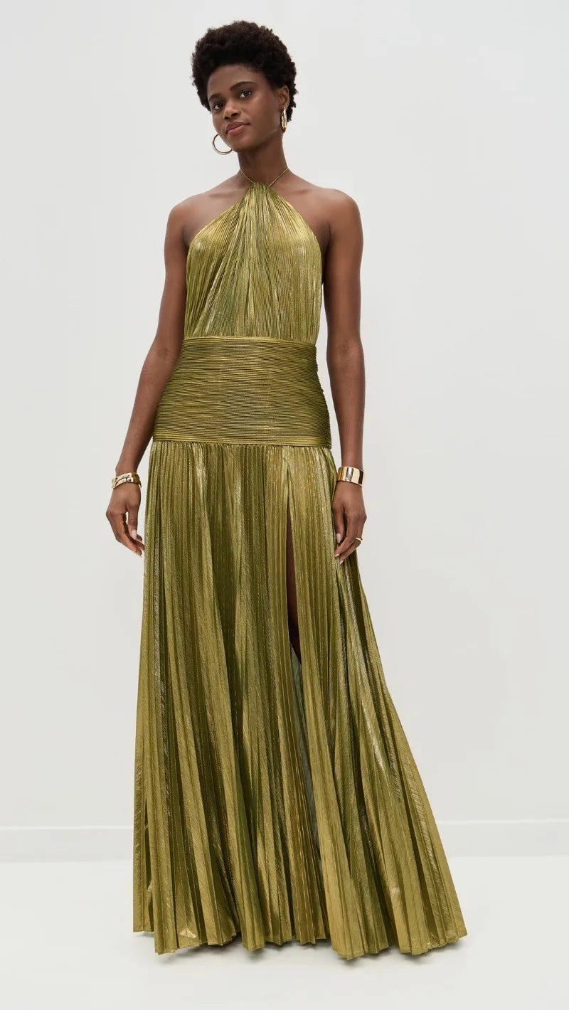 Metallic Halter Maxi Dress with Pleated Skirt