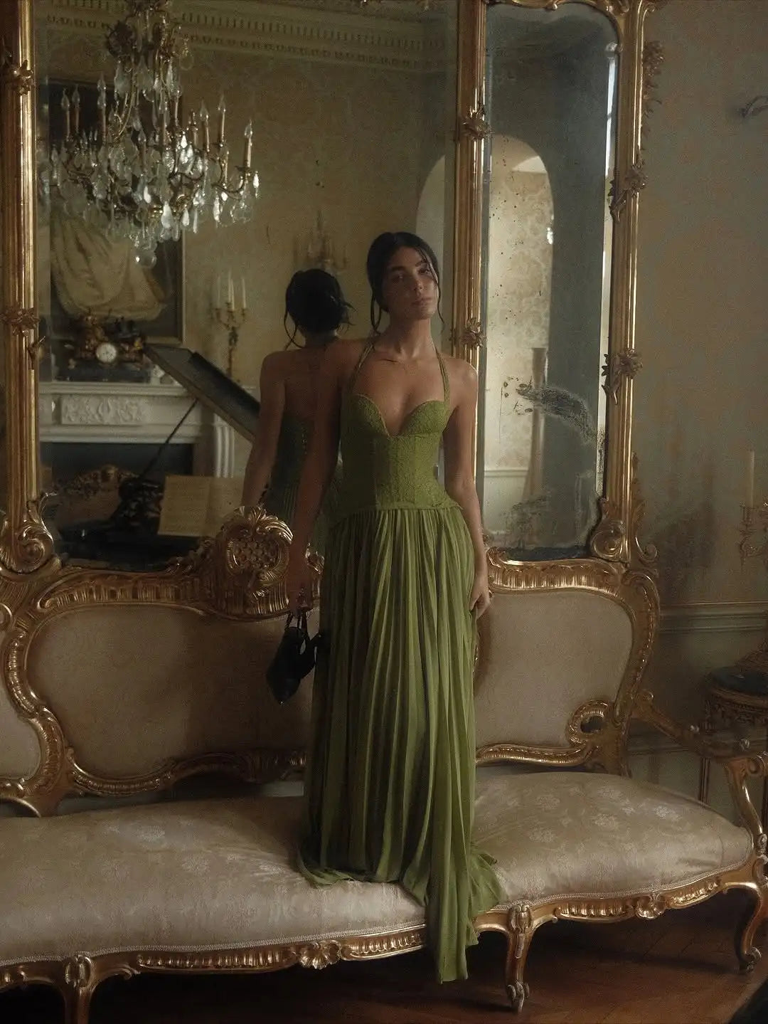 Lace Corset Maxi Dress with Pleated Skirt