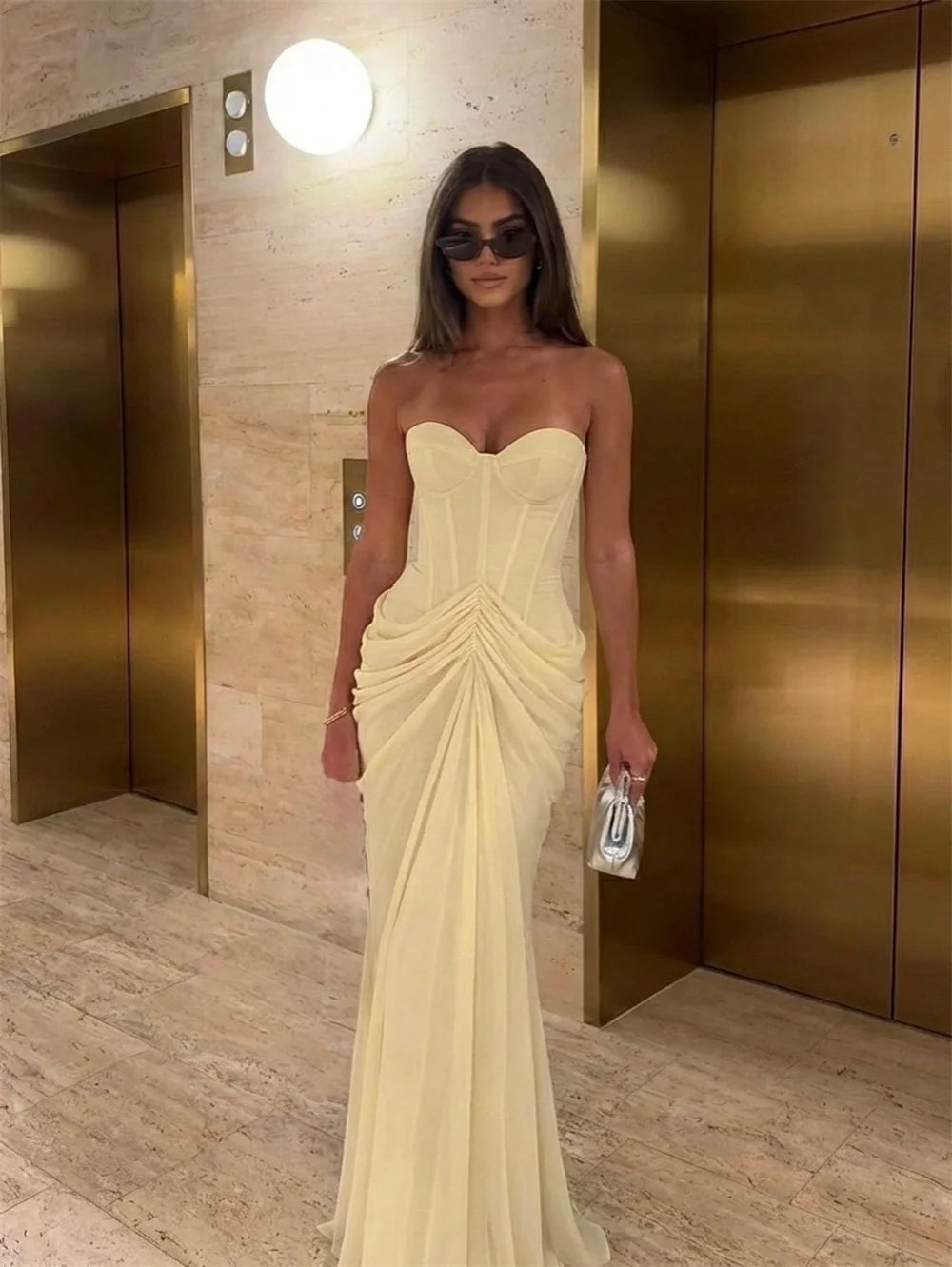 Strapless Corset Draped Mesh Maxi Dress