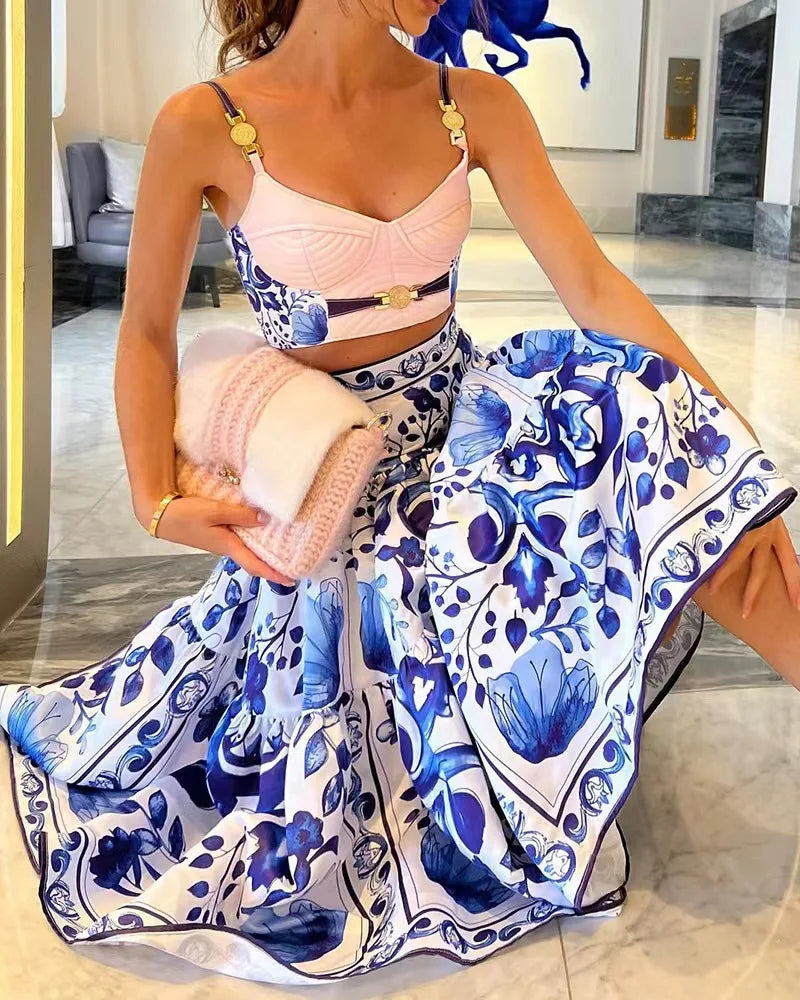 Blue Porcelain Print Two-Piece Skirt Set