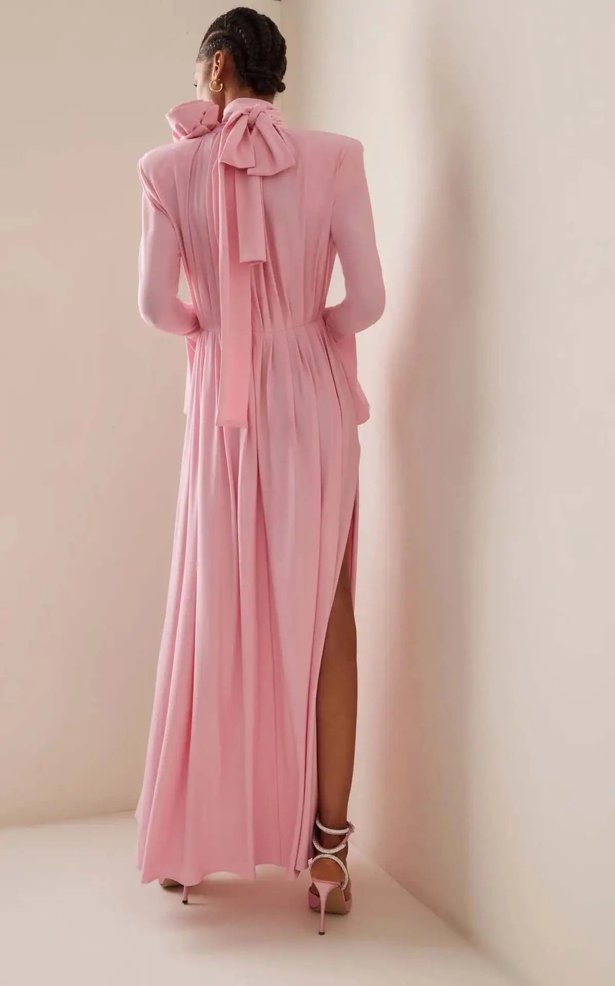 Elegant Pink High-Neck Maxi Dress with Floral Detail
