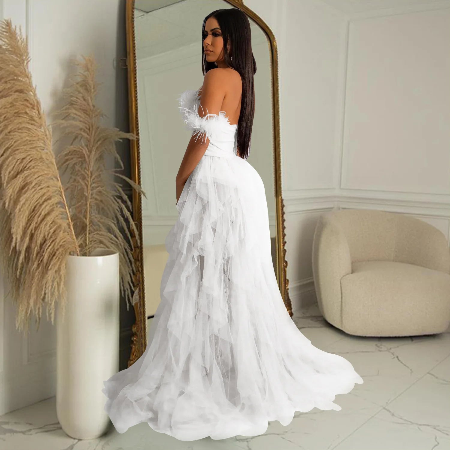 Feather Corset Tulle Gown