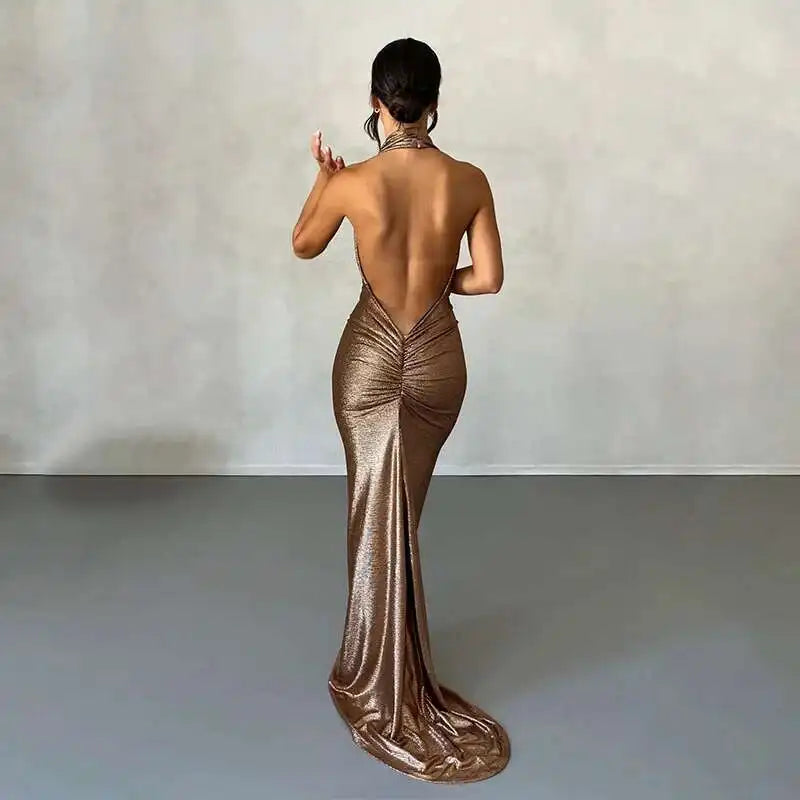 Metallic Halter Backless Maxi Dress