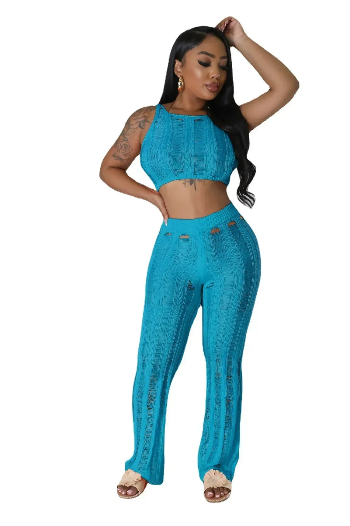Ribbed Cut-Out Two-Piece Pant Set