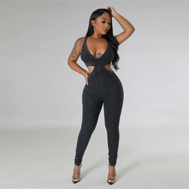 Ribbed Cut-Out Bodycon Jumpsuit