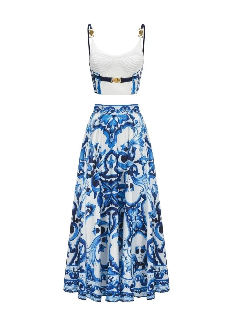 Blue Porcelain Print Two-Piece Skirt Set