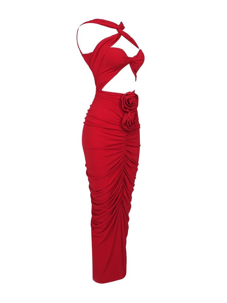 Red Ruched Cut-Out Halter Maxi Dress