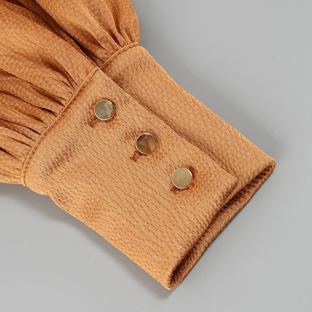 Rust Satin Maxi Dress | Deep V-Neck, Long Sleeve Evening Gown with Slit