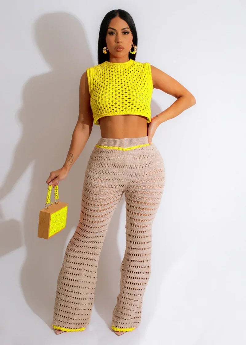 Crochet Crop Top & Flare Pants Set