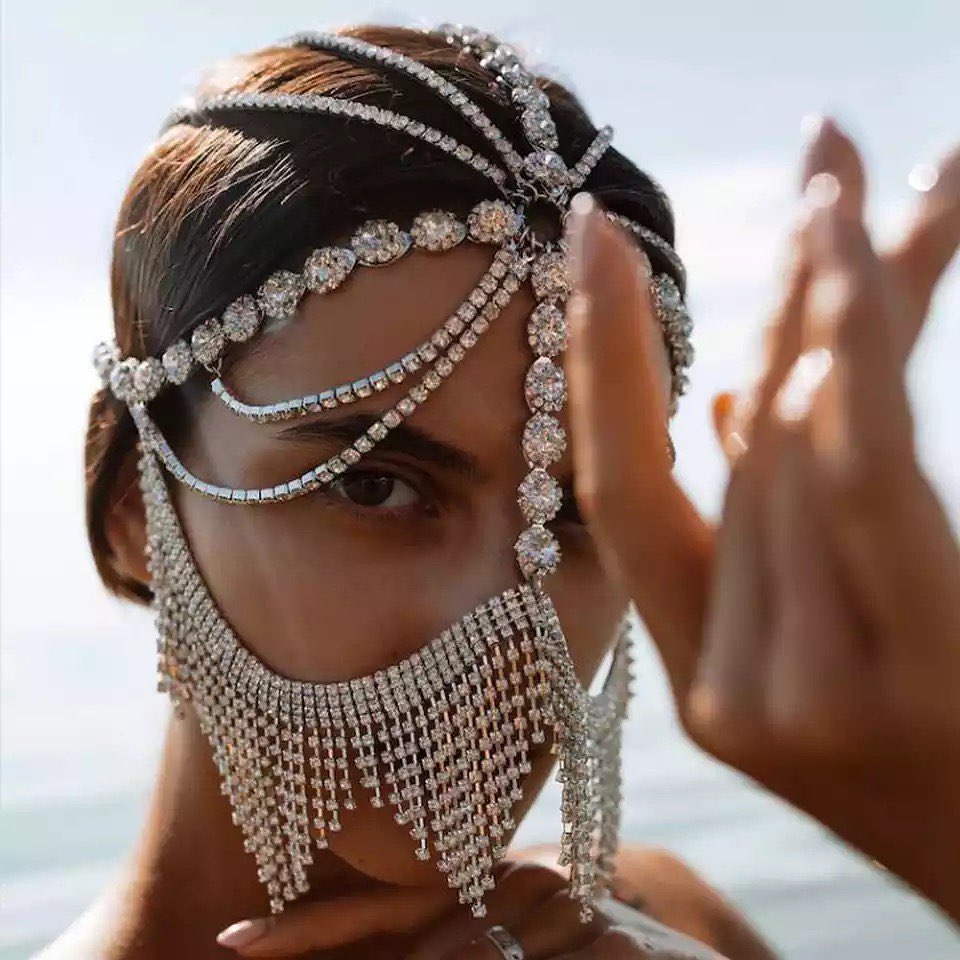 Crystal Headpiece & Veil Face Jewelry | Couture Luxury Statement